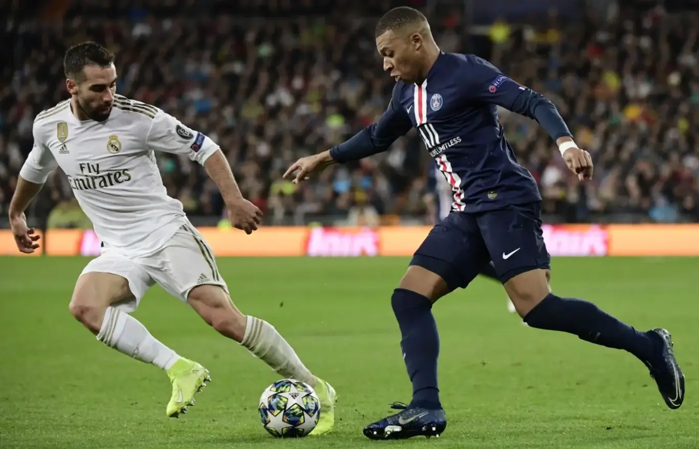 PSG player dribbles past Real Madrid defender in Champions League clash, featured on 1xBet Registration page